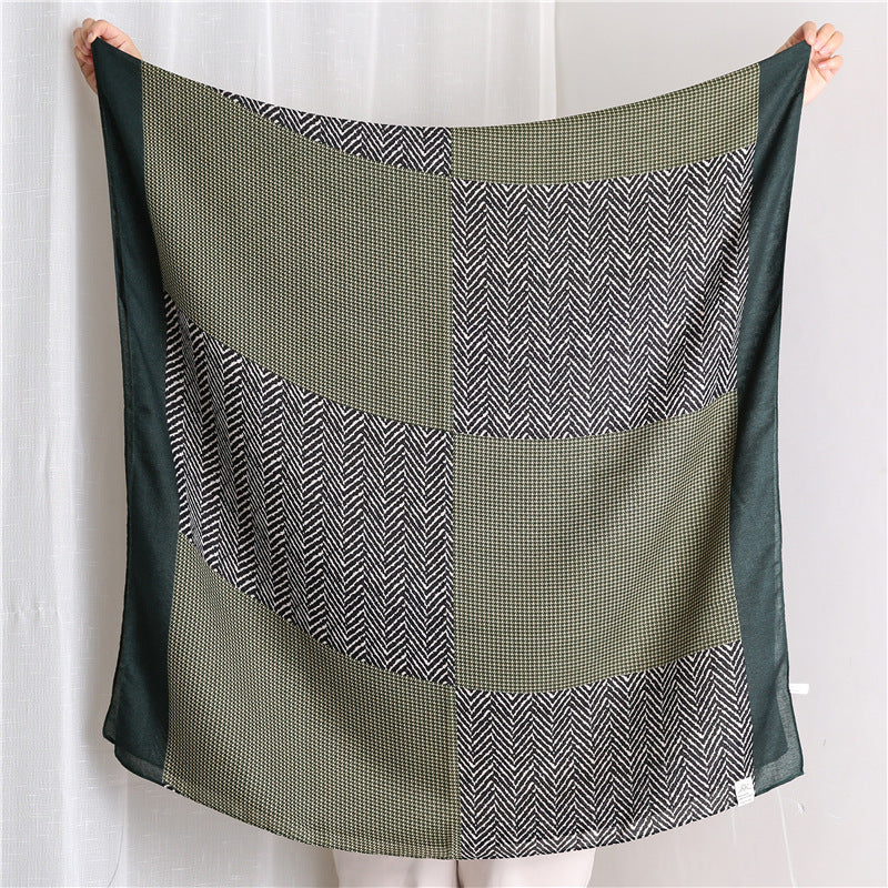 Korean New Patchwork Plaid Cotton And Linen Scarf Soft Summer